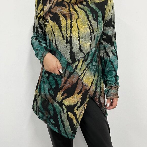 Creation Ladies Green Zebra Print Cowl Neck Tunic with Slit - Picture 2 of 4